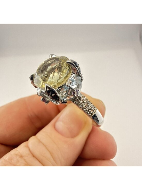 Moissanite 14k Yellow Gold Over Silver Cluster Ring 1.04ctw  JTV Ring Floral Cluster Cocktail Blue Yellow Sterling Silver 925 Size 9 Feminine